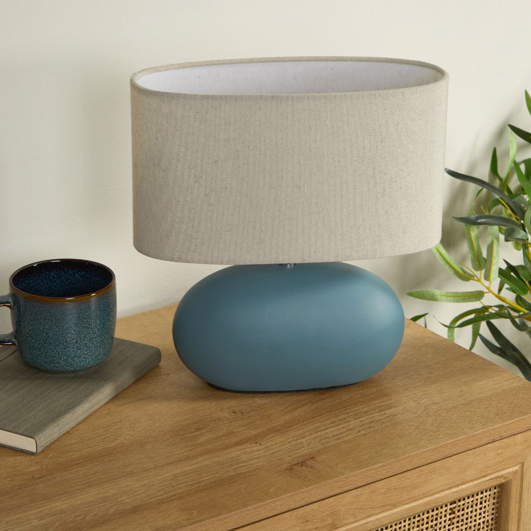 Freyza - Blue Ceramic Table Lamp | Oval Design with Natural Drum Shade | Coastal Modern Accent Lighting for Bedroom & Living Room