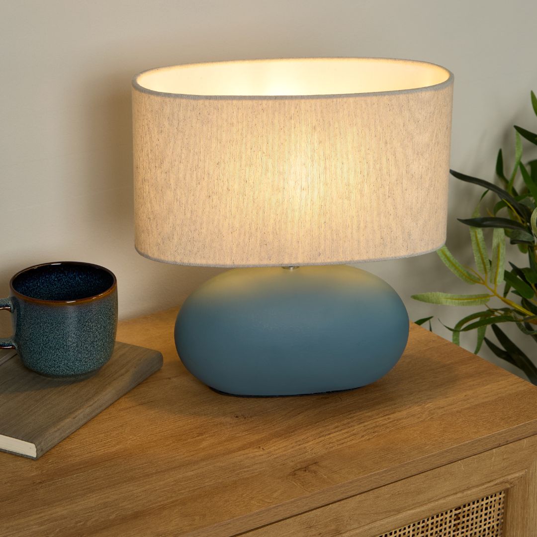 Freyza - Blue Ceramic Table Lamp | Oval Design with Natural Drum Shade | Coastal Modern Accent Lighting for Bedroom & Living Room