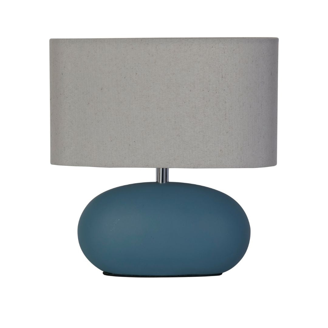 Freyza - Blue Ceramic Table Lamp | Oval Design with Natural Drum Shade | Coastal Modern Accent Lighting for Bedroom & Living Room