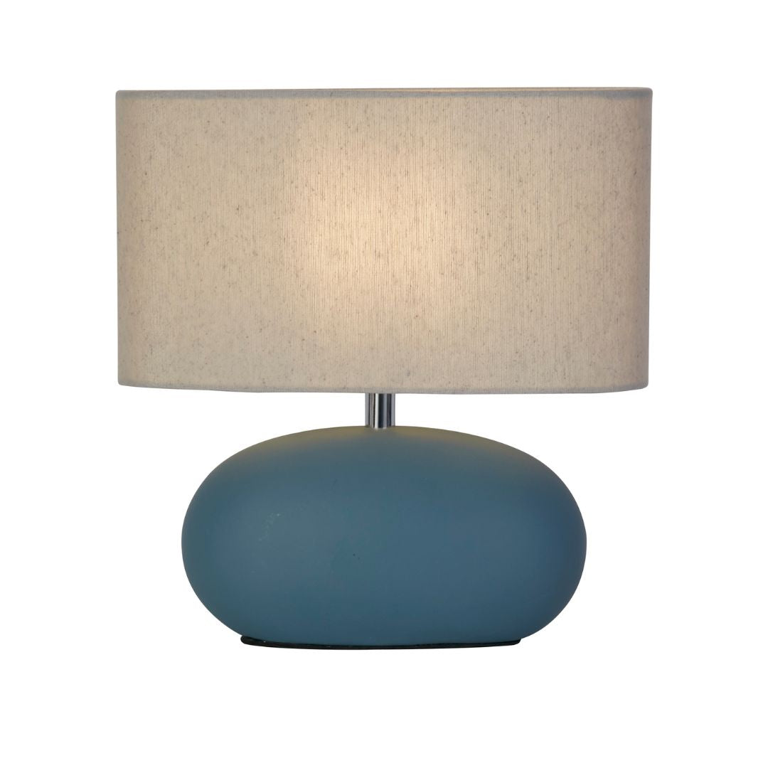 Freyza - Blue Ceramic Table Lamp | Oval Design with Natural Drum Shade | Coastal Modern Accent Lighting for Bedroom & Living Room