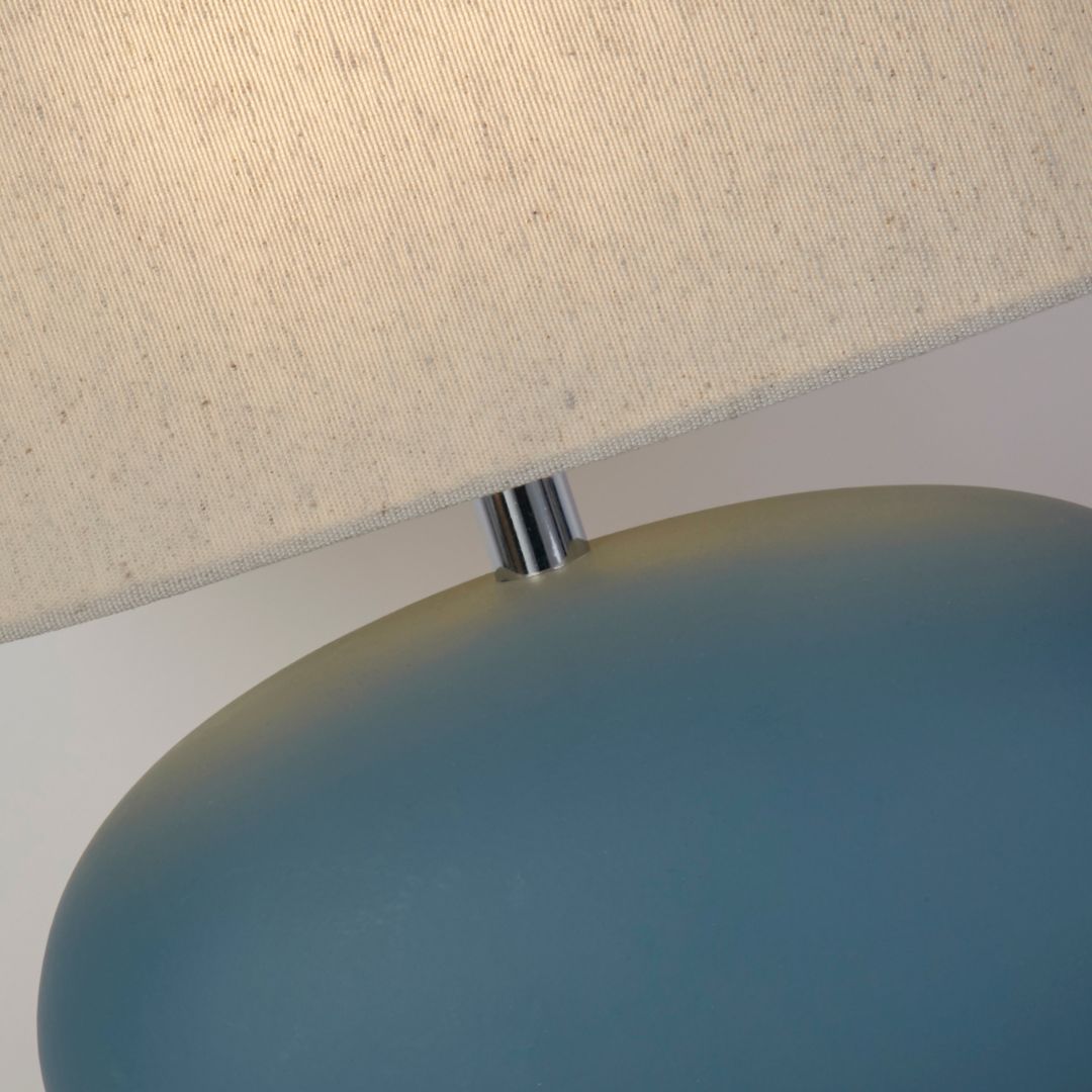 Freyza - Blue Ceramic Table Lamp | Oval Design with Natural Drum Shade | Coastal Modern Accent Lighting for Bedroom & Living Room