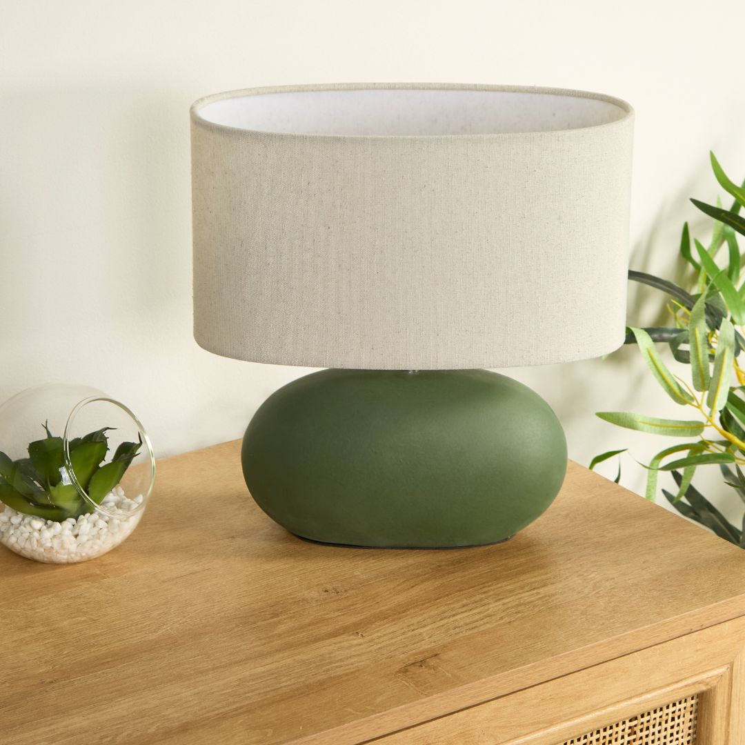 Freyza - Green Ceramic Table Lamp | Oval Design with Natural Drum Shade | Organic Modern Lighting for Living Room & Bedroom