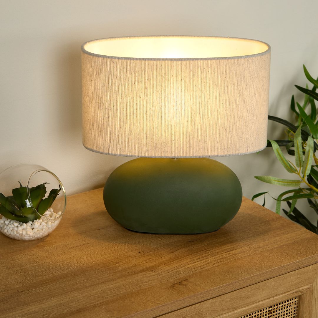 Freyza - Green Ceramic Table Lamp | Oval Design with Natural Drum Shade | Organic Modern Lighting for Living Room & Bedroom