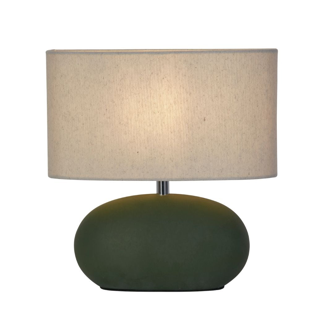 Freyza - Green Ceramic Table Lamp | Oval Design with Natural Drum Shade | Organic Modern Lighting for Living Room & Bedroom