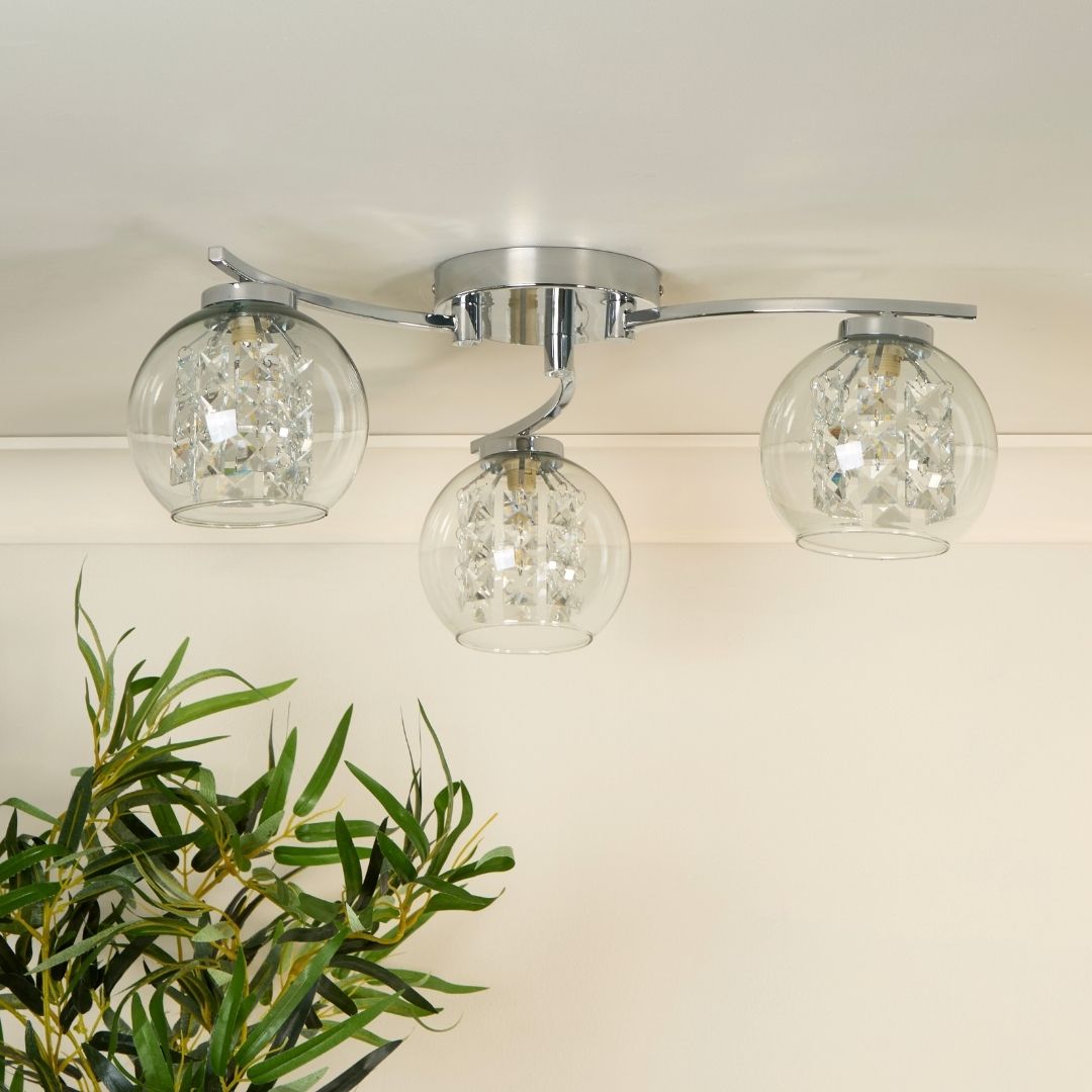 Freyza – 3-Light Chrome & Glass Flush Ceiling Light | Indoor Lighting Fixture with Clear Glass Shades