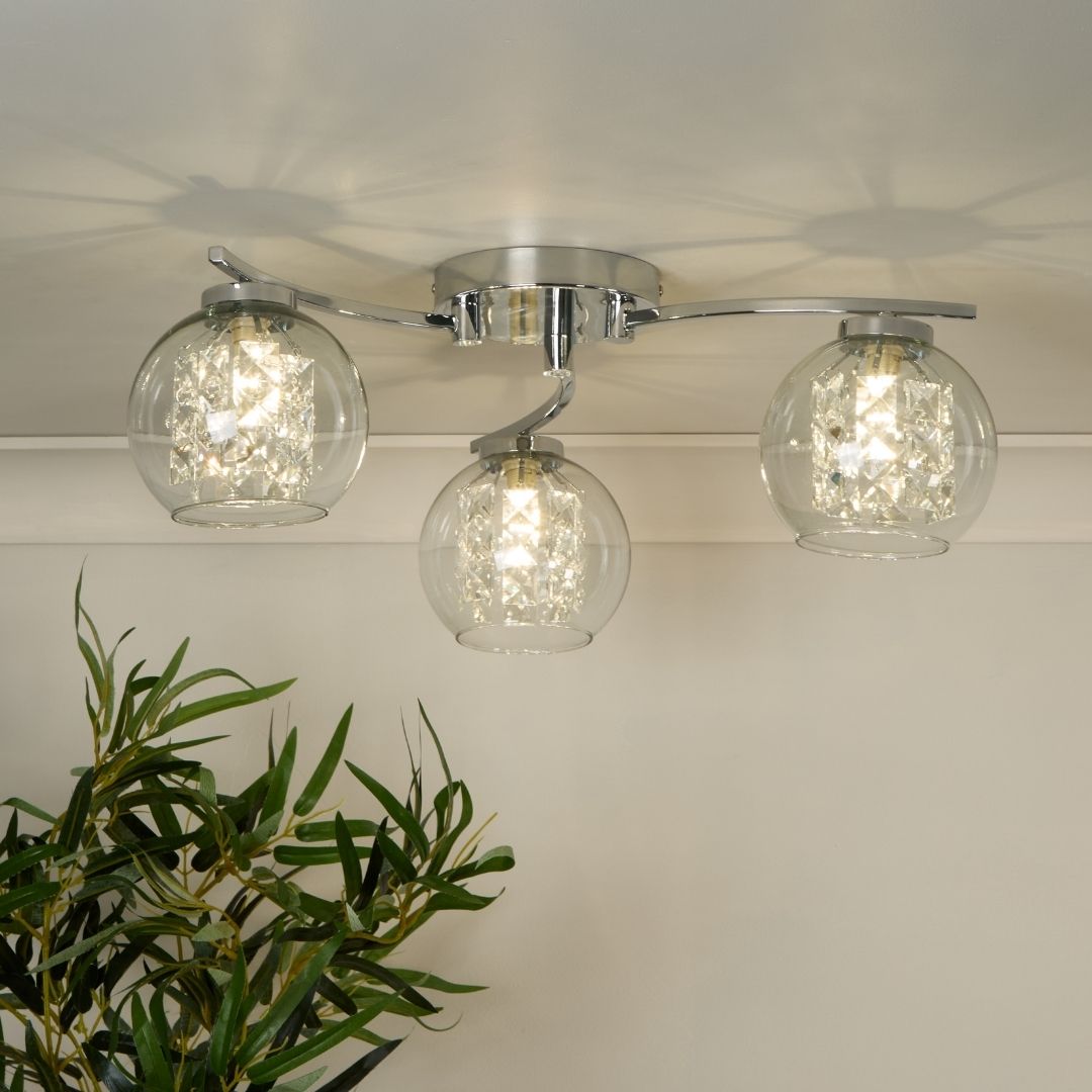 Freyza – 3-Light Chrome & Glass Flush Ceiling Light | Indoor Lighting Fixture with Clear Glass Shades