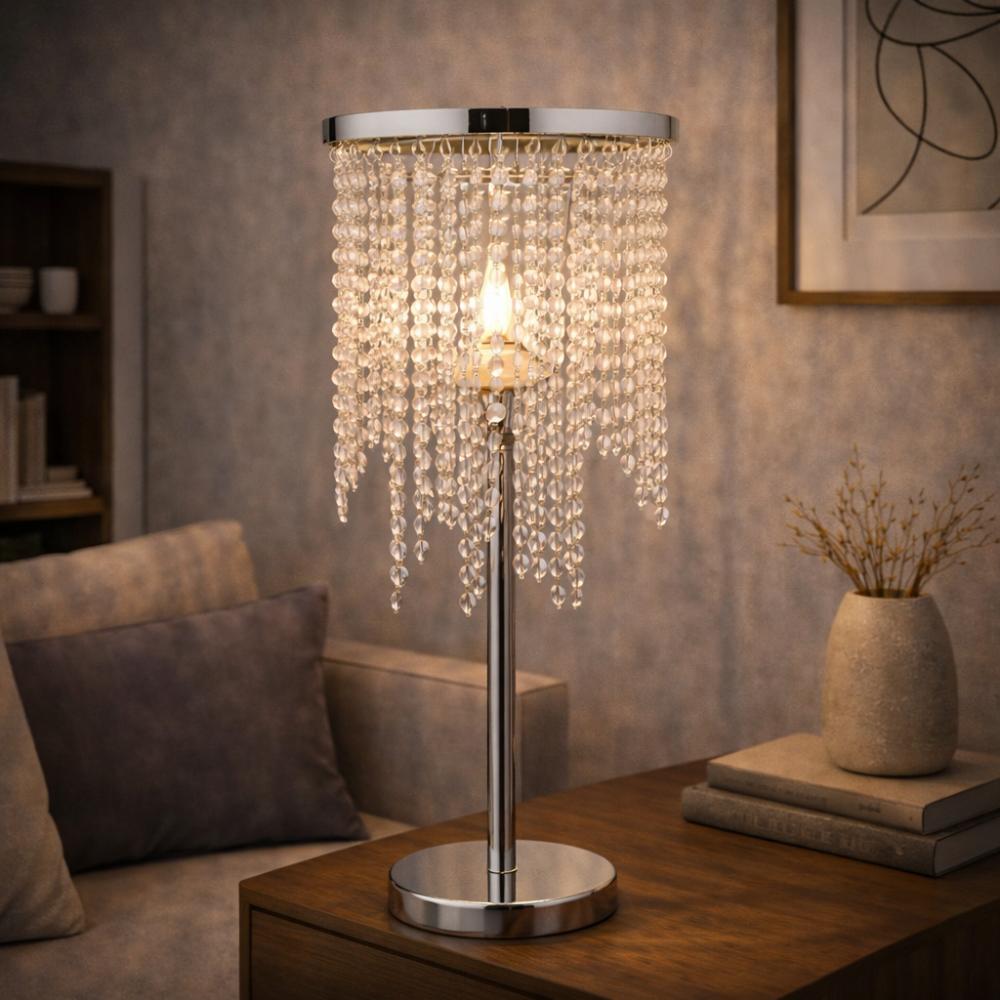 Freyza – Polished Chrome 1-Light Table Lamp | 52 cm Clear Glass Droplet Shade Indoor Lighting Fixture