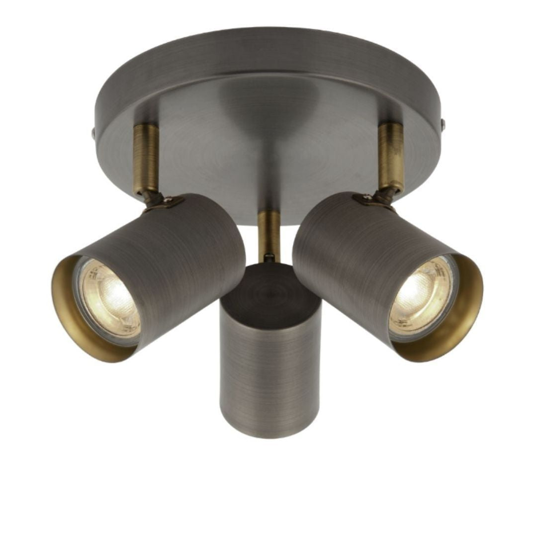 Freyza - Hereford 3 Light Pewter & Antique Brass Spotlight Flush Ceiling Light