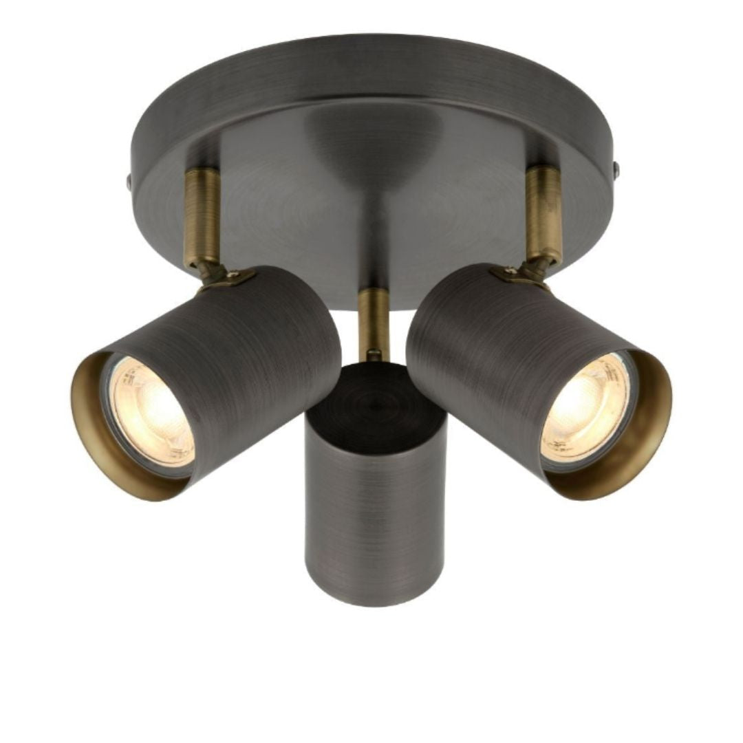 Freyza - Hereford 3 Light Pewter & Antique Brass Spotlight Flush Ceiling Light