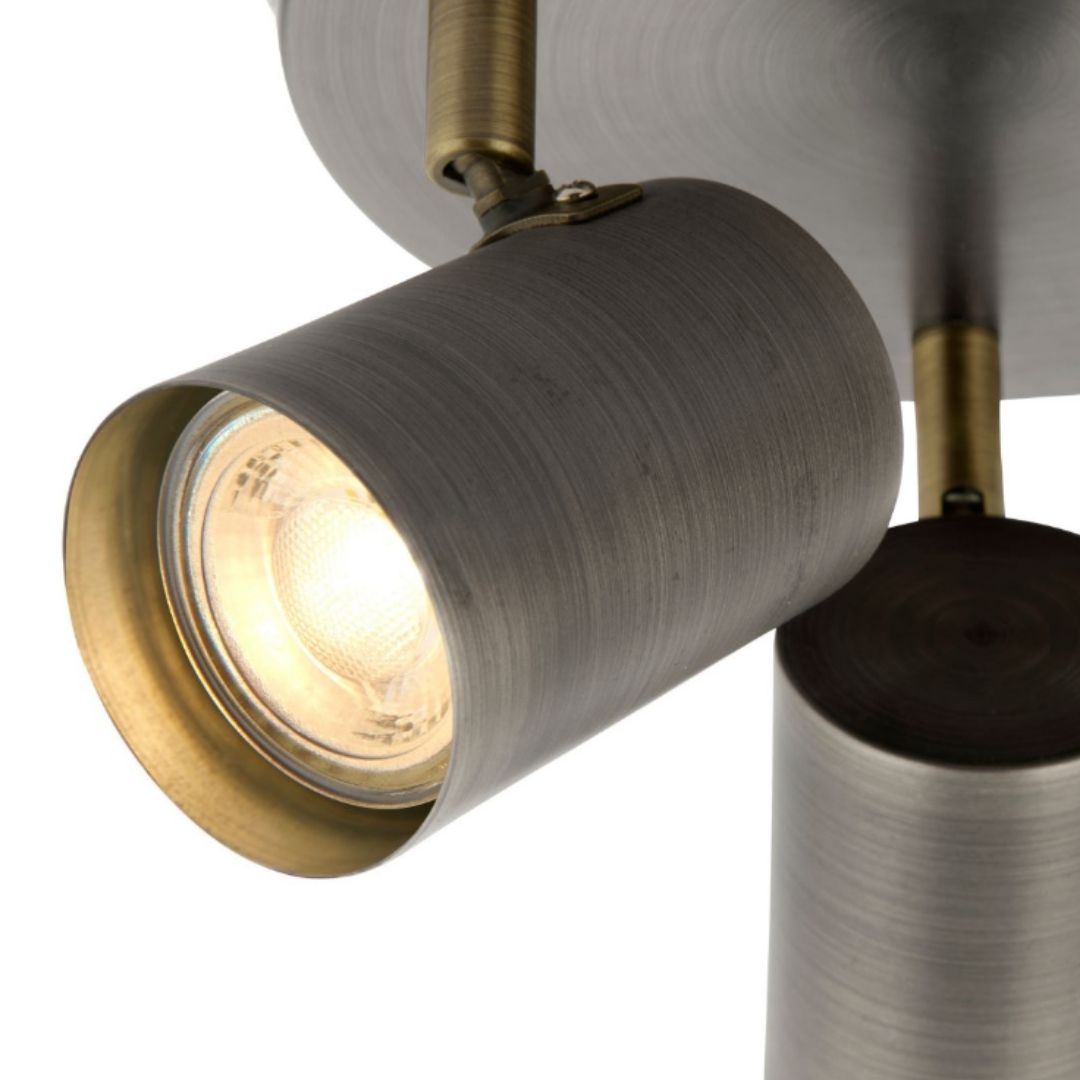 Freyza - Hereford 3 Light Pewter & Antique Brass Spotlight Flush Ceiling Light