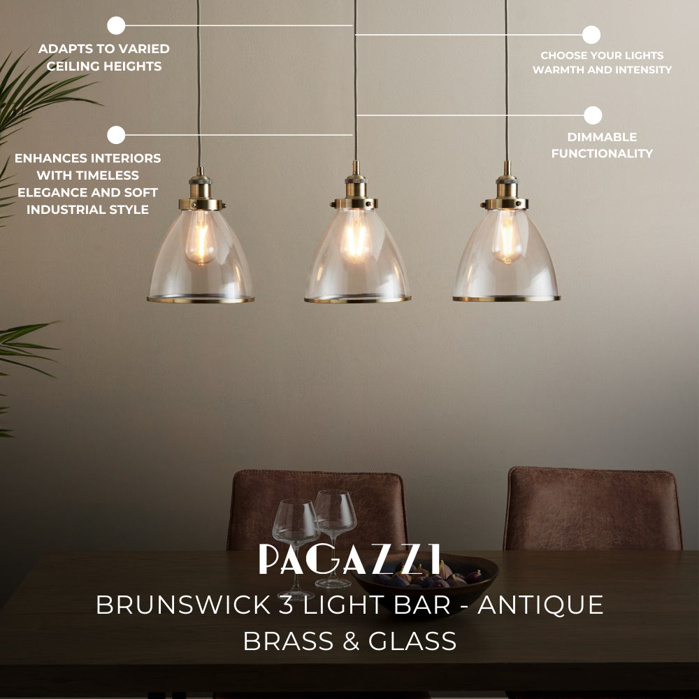 Freyza - Brunswick 3 Light Antique Brass & Glass Ceiling Pendant Bar