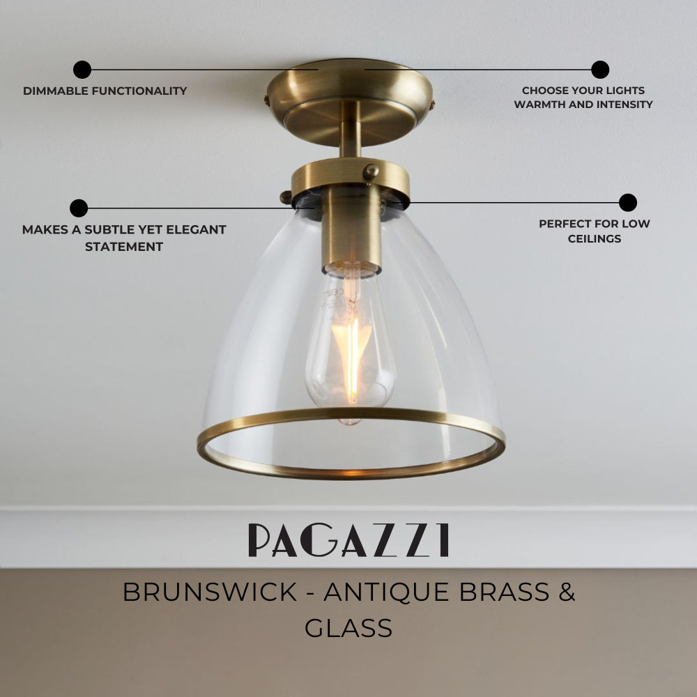 Freyza – flache Deckenleuchte aus antikem Messing und Glas von Brunswick
