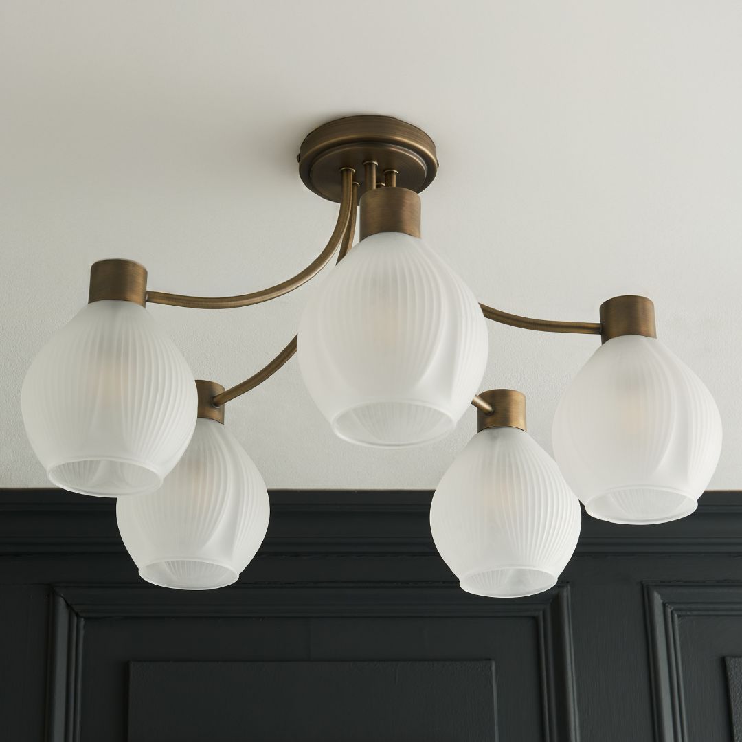 Freyza - Hamilton 5 Light Antique Brass Semi Flush Ceiling Light