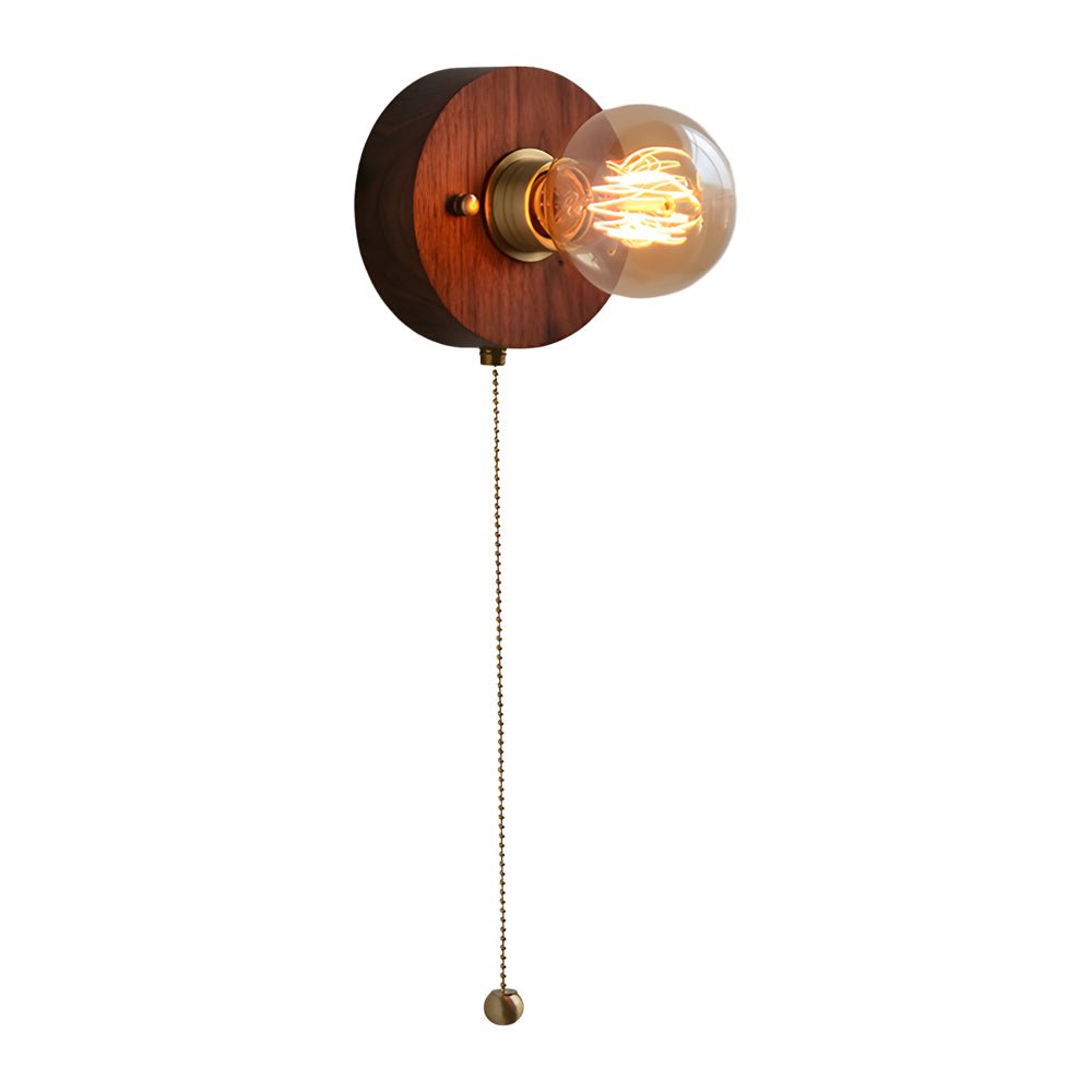Freyza - Mid-Century Walnut Wood Wall Sconce – Vintage Bedside Wall Lamp with Pull Chain (E27)