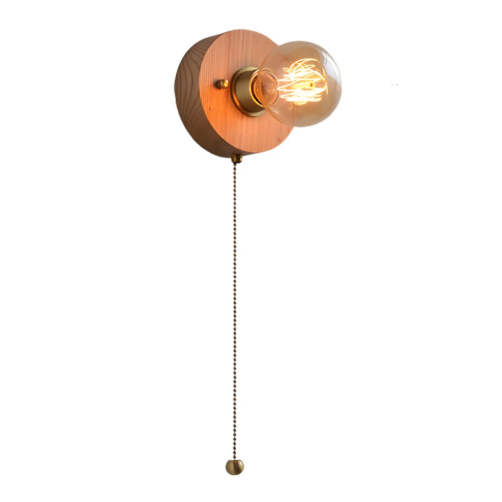 Freyza - Mid-Century Walnut Wood Wall Sconce – Vintage Bedside Wall Lamp with Pull Chain (E27)