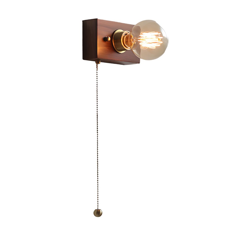 Freyza - Mid-Century Walnut Wood Wall Sconce – Vintage Bedside Wall Lamp with Pull Chain (E27)