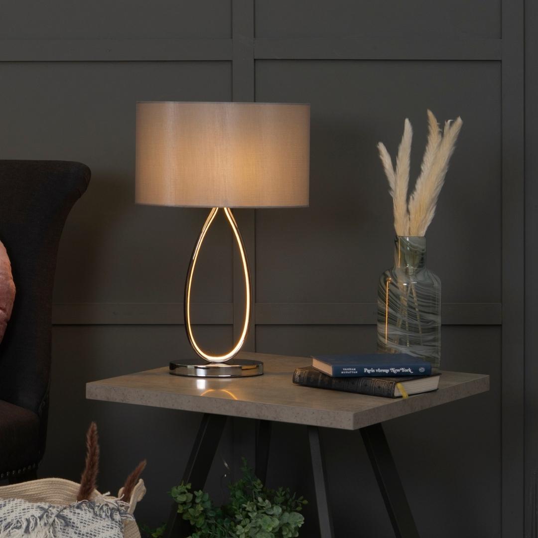 Freyza - LED Table Lamp | Polished Chrome Teardrop Base with Integrated Opal Lighting | Modern Lighting with Grey Oval Shade
