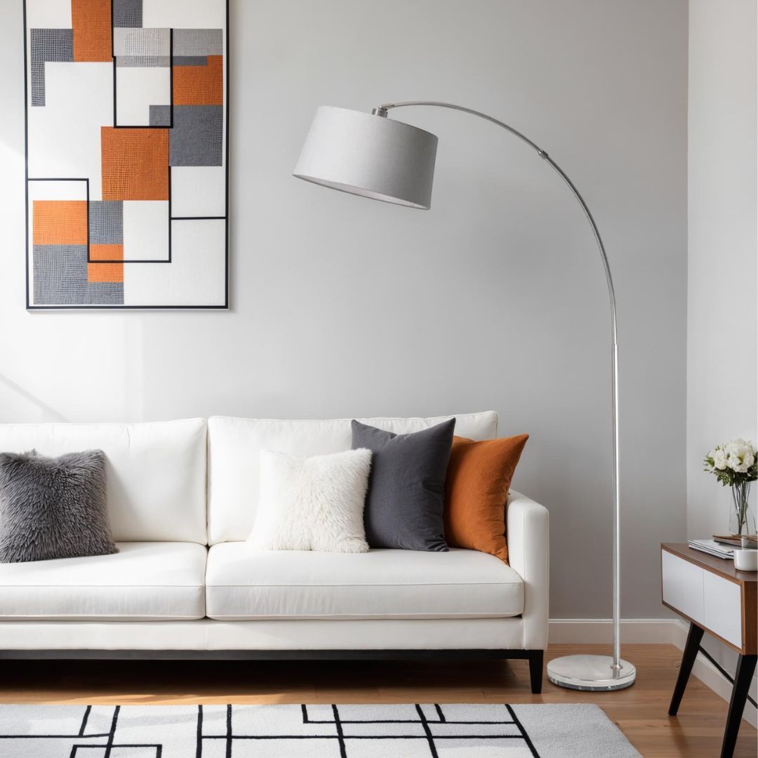 Freyza - 176cm Arc Floor Lamp | Contemporary Extendable Overhanging Light | Satin Chrome or Antique Brass Finish with Fabric Shade