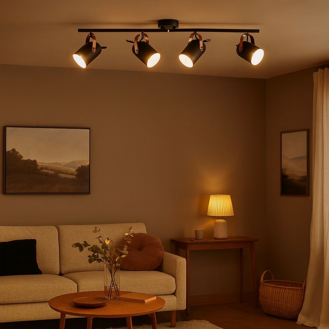 Freyza – 4-Light Black & Copper Ceiling Spotlight Bar | 77 cm Adjustable Metal Track with 4×E14 Bulb Fittings