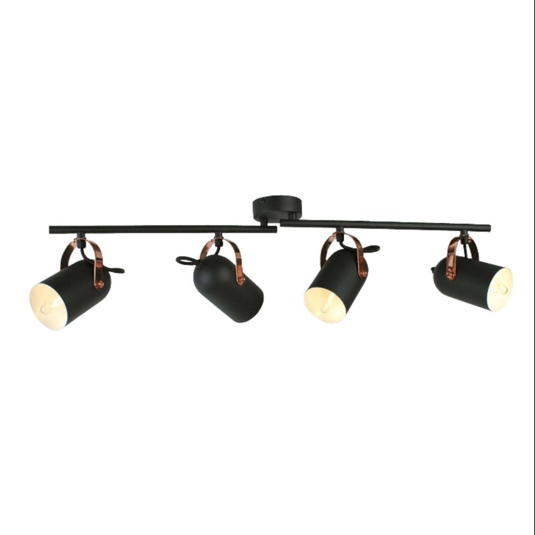 Freyza – 4-Light Black & Copper Ceiling Spotlight Bar | 77 cm Adjustable Metal Track with 4×E14 Bulb Fittings