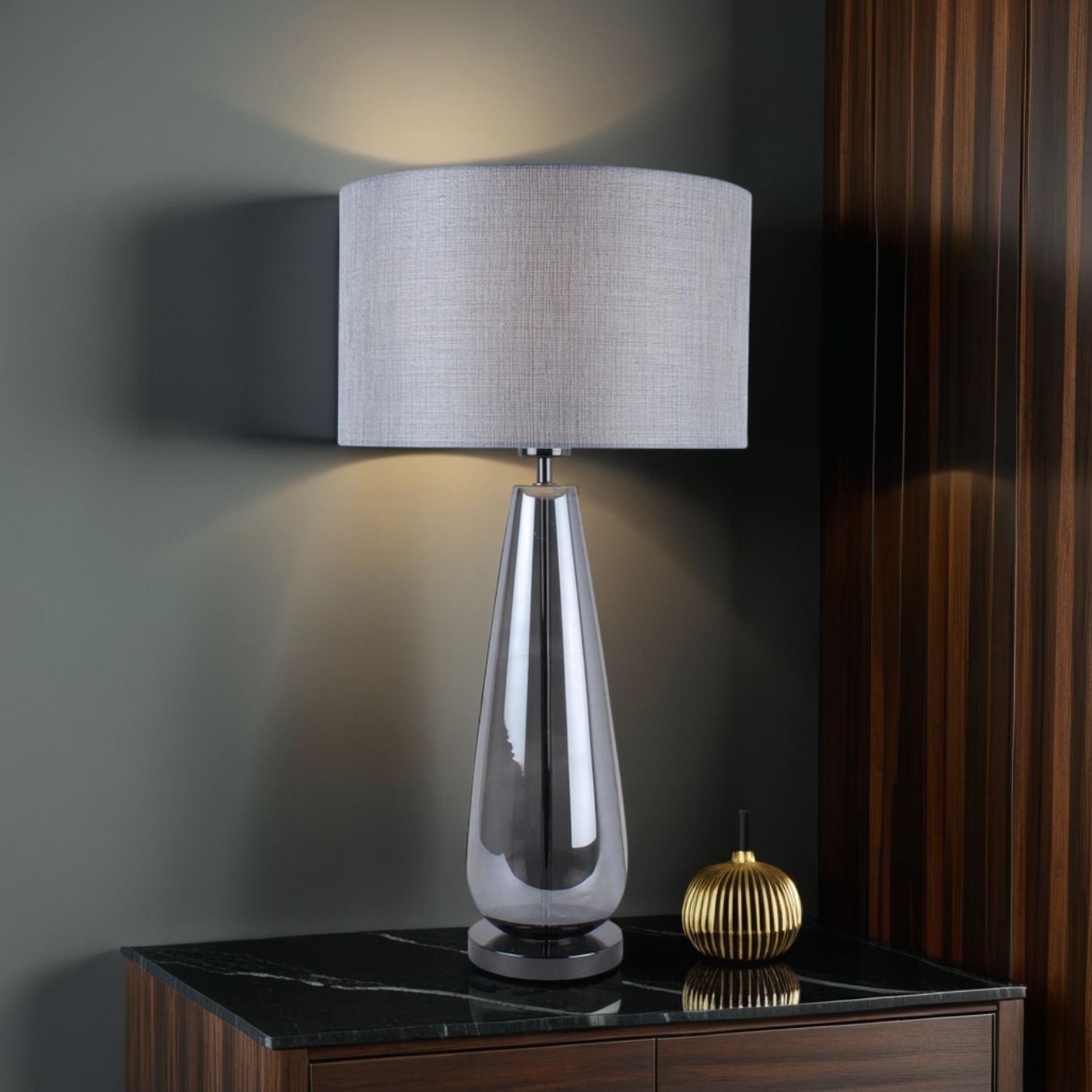 Freyza - Tall Smoked Glass Table Lamp 63cm | Luxurious Statement Base with Silver Textured Shade | Elegant Lighting for Bedside & Living Room