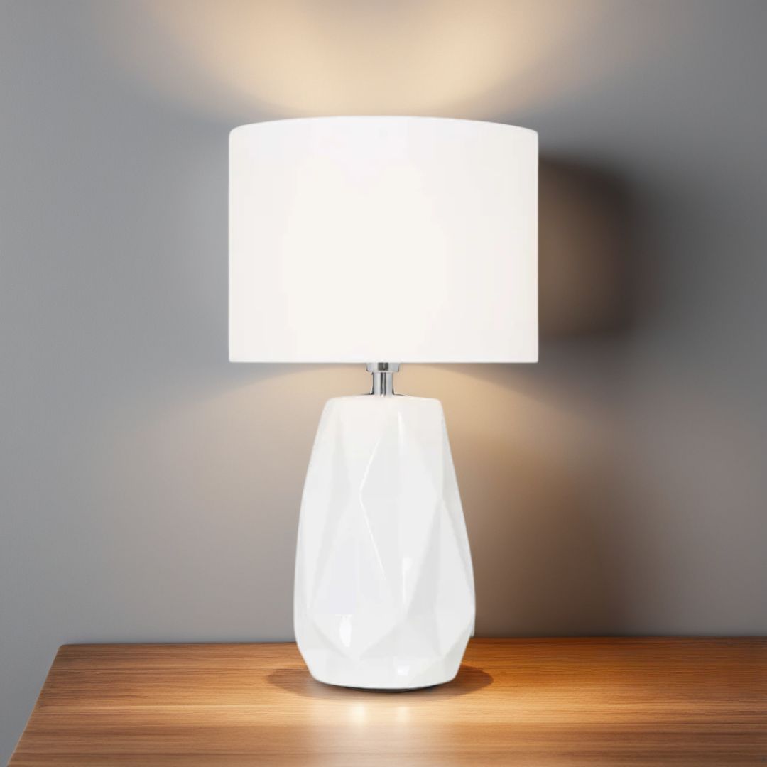 Freyza - White Ceramic Table Lamp | Modern Geometric Base with Crisp White Finish | Contemporary Bedside & Console Lighting