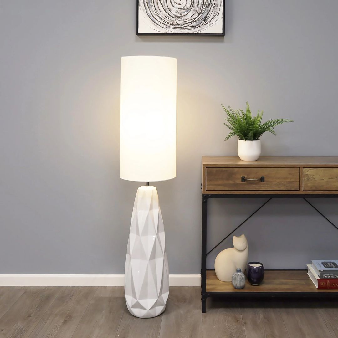Freyza - White Ceramic Floor Lamp | Modern Geometric Base with Crisp White Finish | Contemporary Standing Light for Living Room & Bedroom