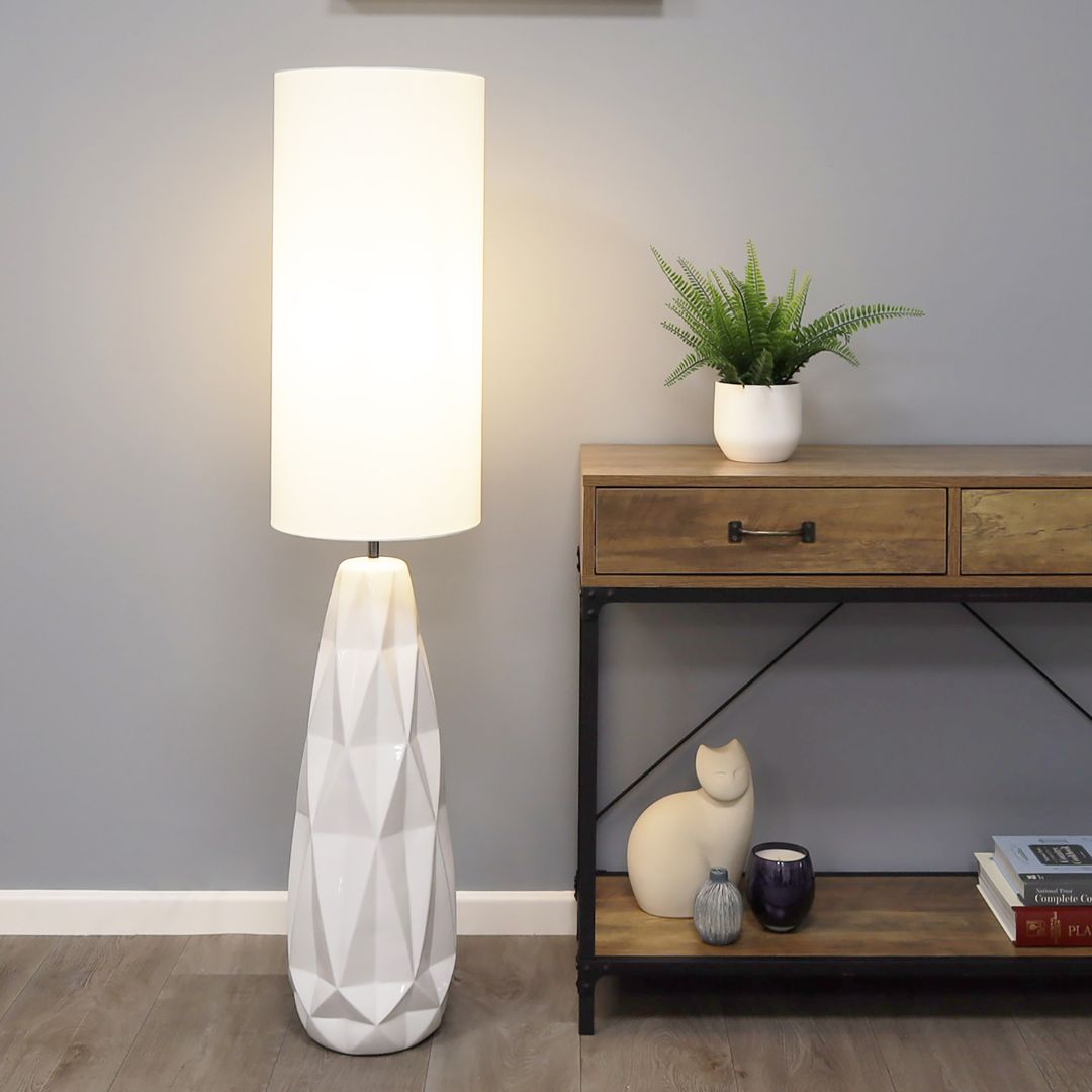 Freyza - White Ceramic Floor Lamp | Modern Geometric Base with Crisp White Finish | Contemporary Standing Light for Living Room & Bedroom