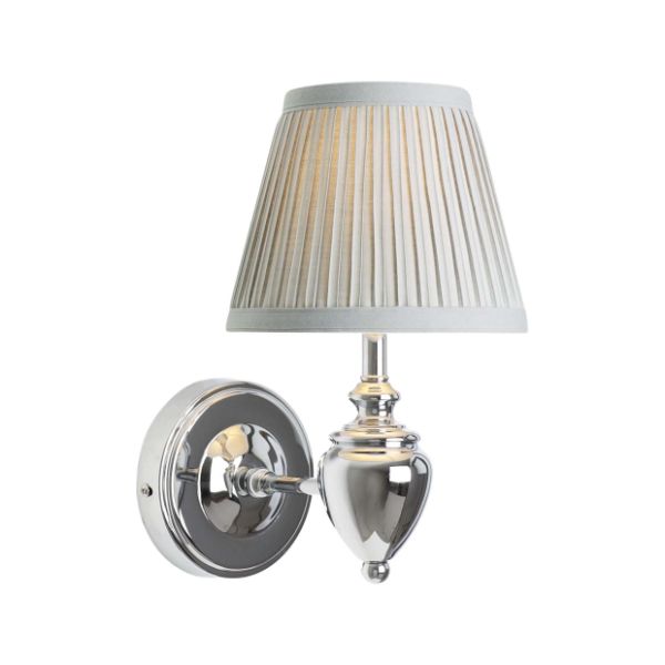 Freyza – Polierte Chrom- & graue Wandleuchte | 26 cm polierte Chrom-Wandleuchte mit grauem Falten-Schirm und E14-Fassung