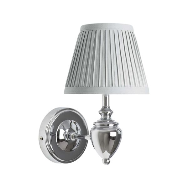 Freyza – Polierte Chrom- & graue Wandleuchte | 26 cm polierte Chrom-Wandleuchte mit grauem Falten-Schirm und E14-Fassung