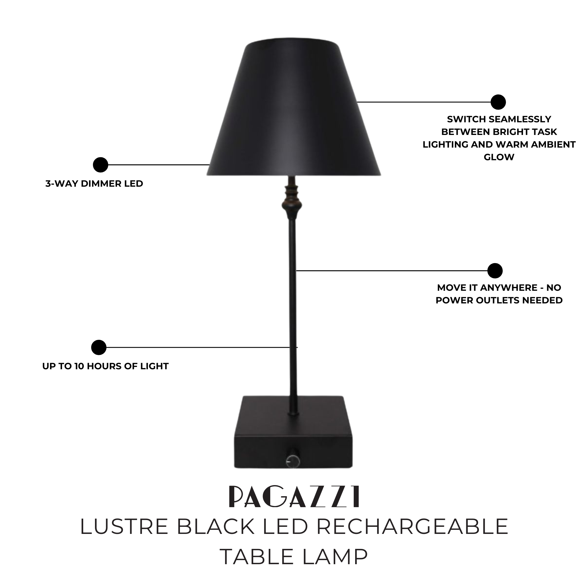 Freyza - Lustre Black Rechargeable Table Lamp | Sleek Minimalist LED Design with 3-Way Dimmer | Portable Cordless Lighting for Home & Office