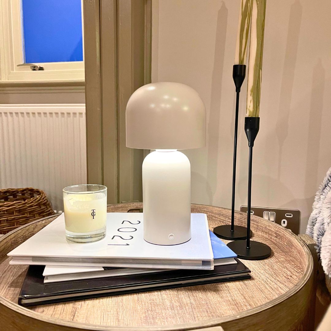 Freyza - Natural LED Rechargeable Table Lamp | Cordless Dimmable 3-Stage Sensor Light | Elegant Dome Metal Shade with Matte Cylinder Base