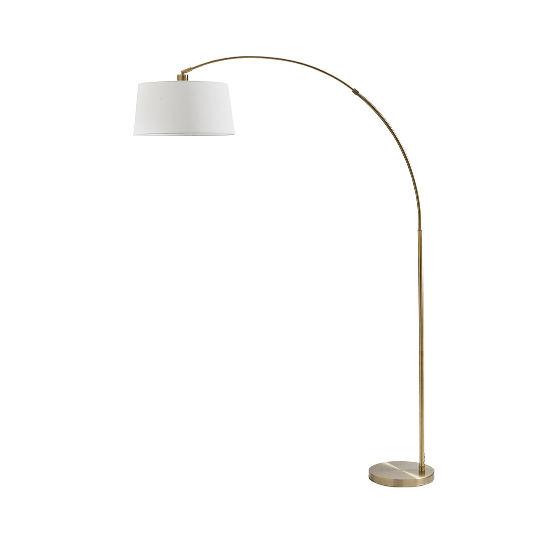 Freyza - Antique Brass Arc Floor Lamp | Contemporary 176cm Overhanging Standing Light | Elegant Curved Design with Fabric Shade