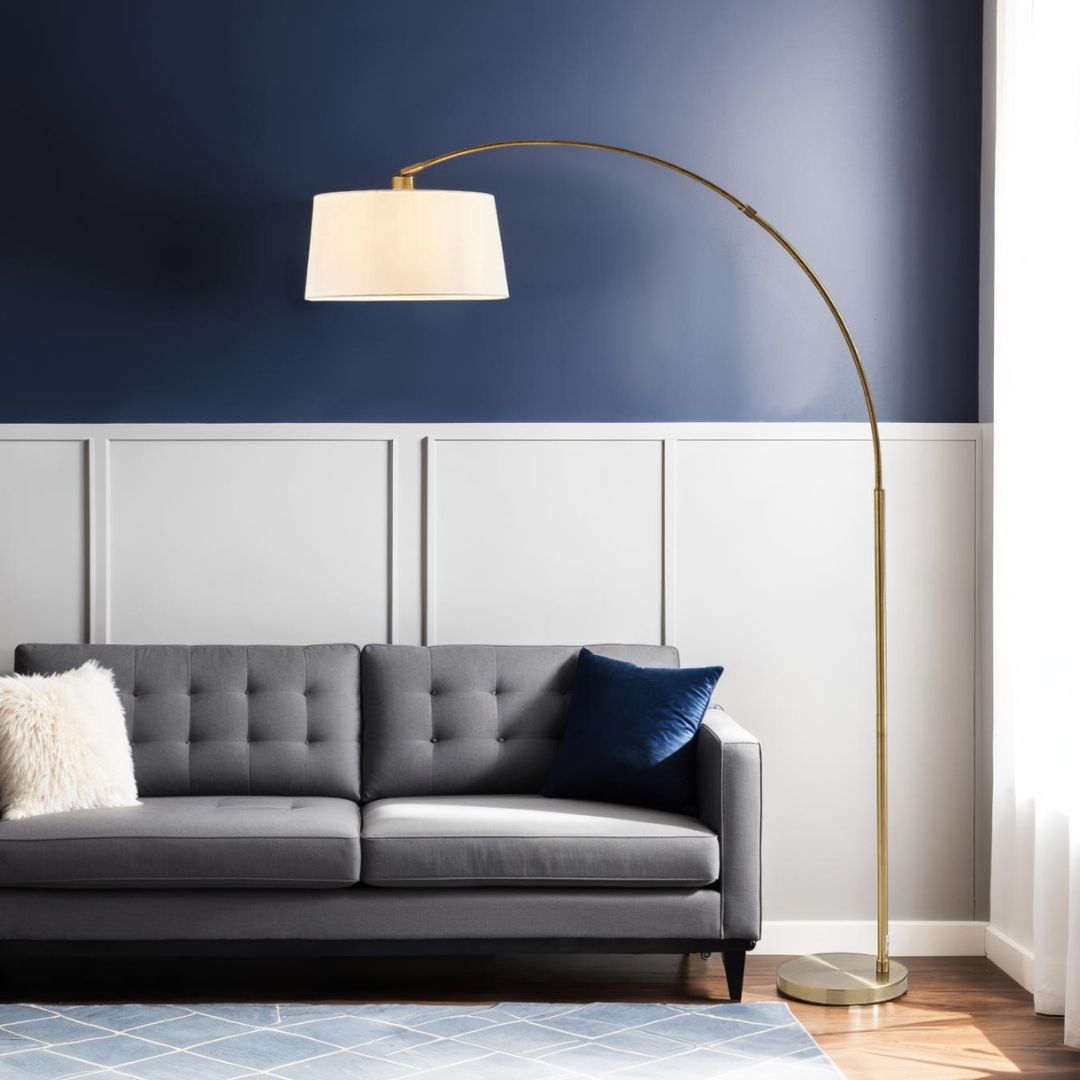 Freyza - Antique Brass Arc Floor Lamp | Contemporary 176cm Overhanging Standing Light | Elegant Curved Design with Fabric Shade