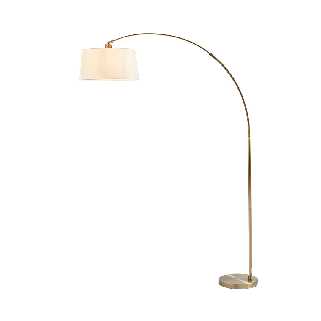 Freyza - Antique Brass Arc Floor Lamp | Contemporary 176cm Overhanging Standing Light | Elegant Curved Design with Fabric Shade