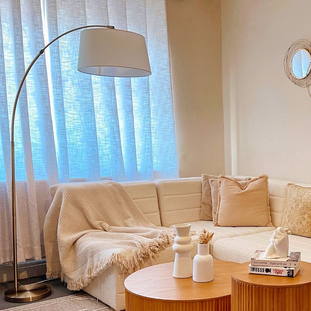 Freyza - Antique Brass Arc Floor Lamp | Contemporary 176cm Overhanging Standing Light | Elegant Curved Design with Fabric Shade