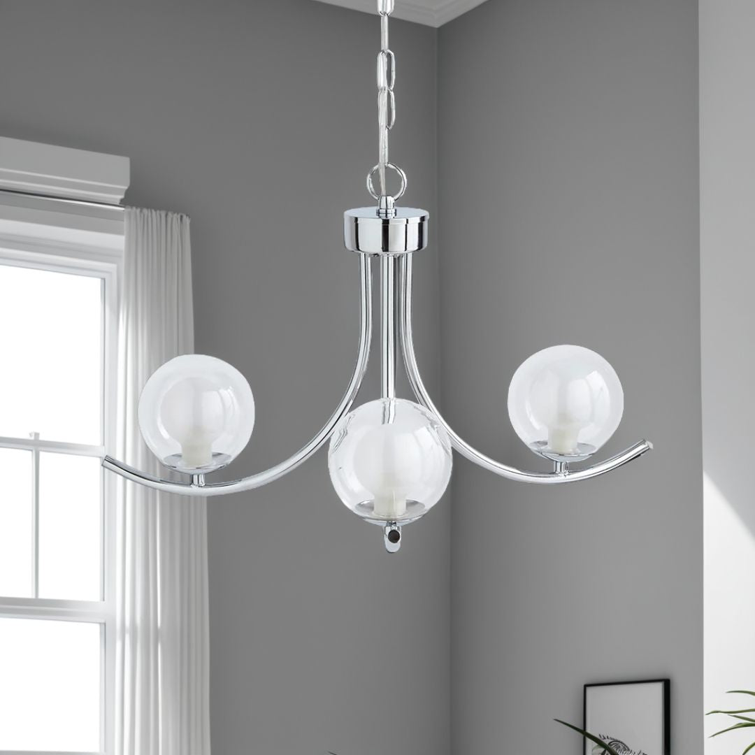 Freyza – 3-Light Polished Chrome Chandelier Ceiling Light with Double Glass Shades | Indoor Lighting Fixture