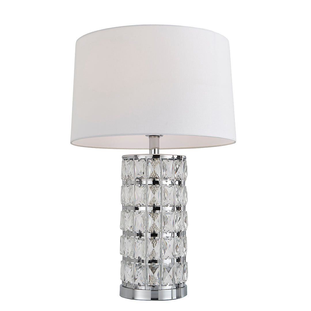 Freyza - Jewelled Cylinder Table Lamp | Polished Chrome Metal Base with Sparkly Prism Details | Elegant Lighting with Off-White Tapered Shade