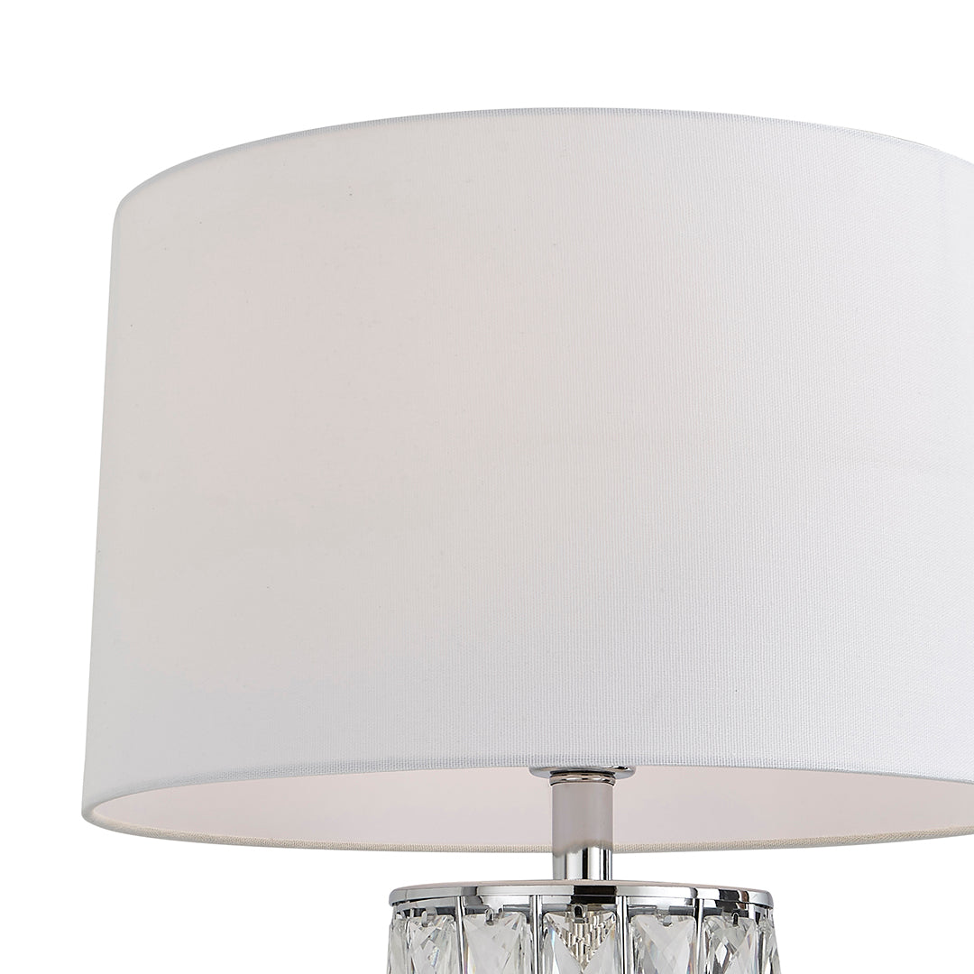 Freyza - Jewelled Cylinder Table Lamp | Polished Chrome Metal Base with Sparkly Prism Details | Elegant Lighting with Off-White Tapered Shade