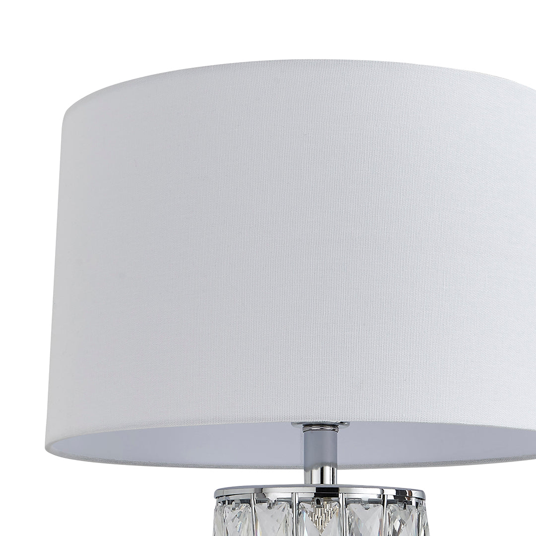 Freyza - Jewelled Cylinder Table Lamp | Polished Chrome Metal Base with Sparkly Prism Details | Elegant Lighting with Off-White Tapered Shade