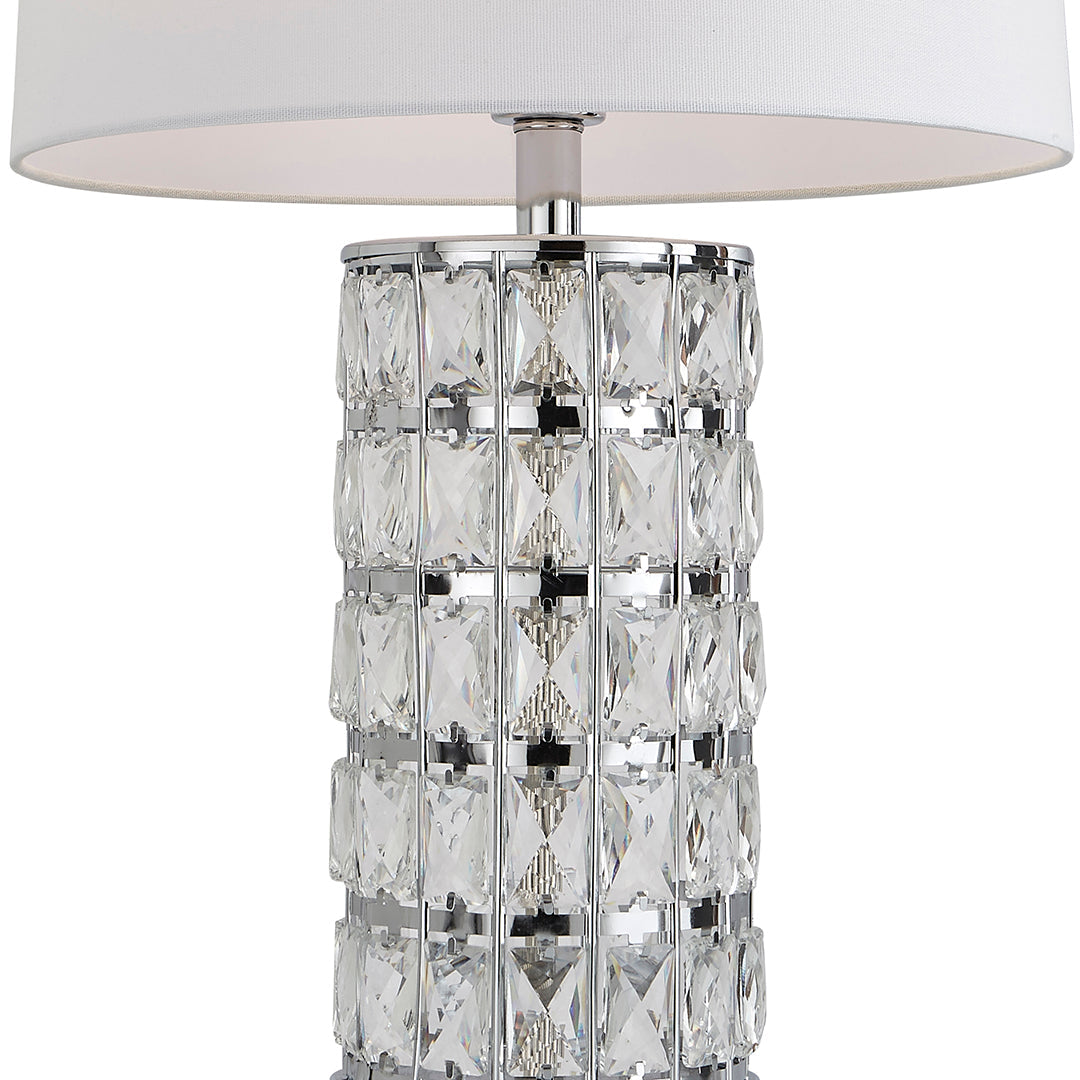 Freyza - Jewelled Cylinder Table Lamp | Polished Chrome Metal Base with Sparkly Prism Details | Elegant Lighting with Off-White Tapered Shade