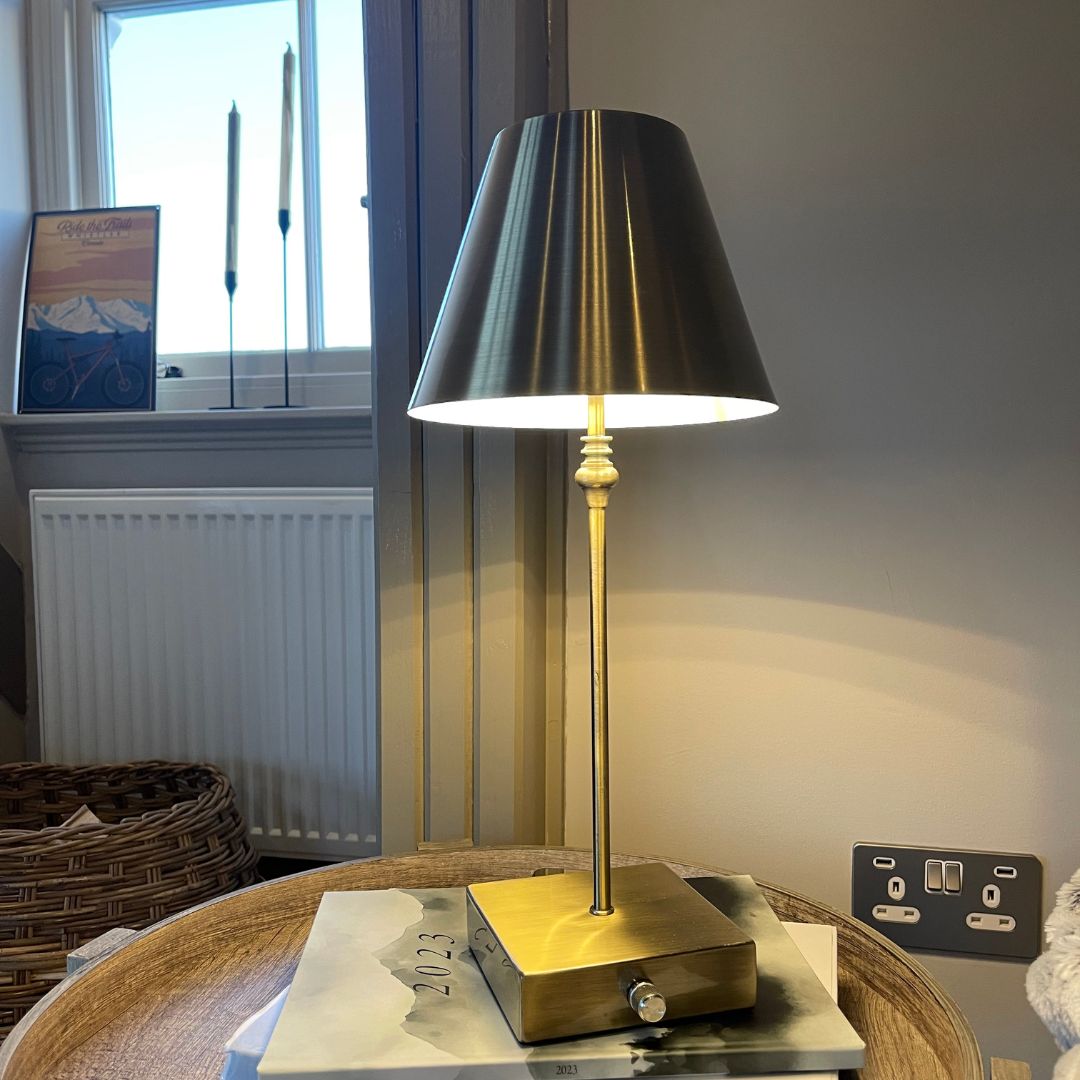 Freyza - Lustre Rechargeable Antique Brass Table Lamp | Sleek Minimalist LED Design with 3-Way Dimmer | Portable Cordless Lighting for Home & Office