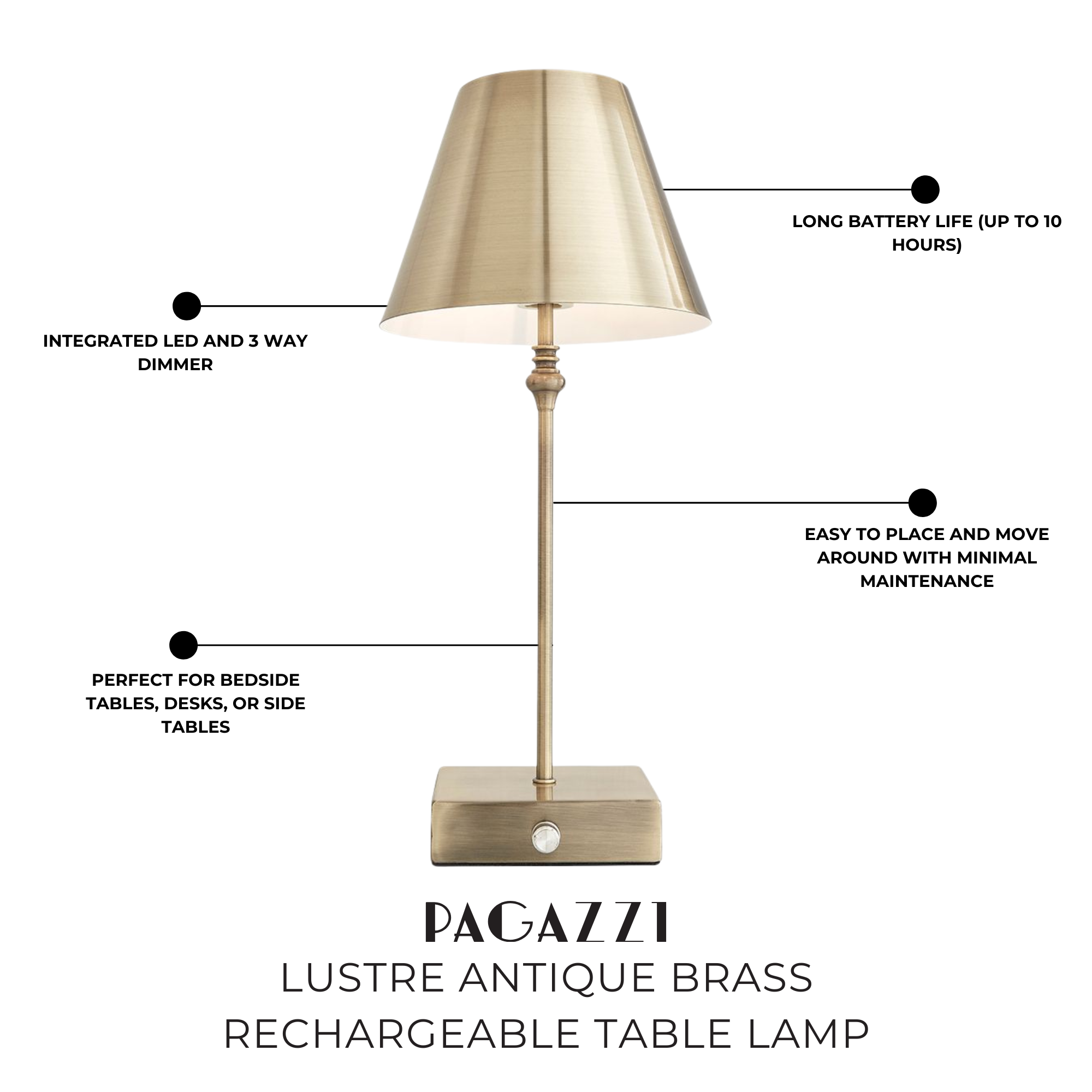 Freyza - Lustre Rechargeable Antique Brass Table Lamp | Sleek Minimalist LED Design with 3-Way Dimmer | Portable Cordless Lighting for Home & Office