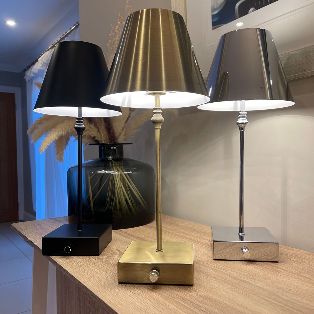 Freyza - Lustre Rechargeable Antique Brass Table Lamp | Sleek Minimalist LED Design with 3-Way Dimmer | Portable Cordless Lighting for Home & Office