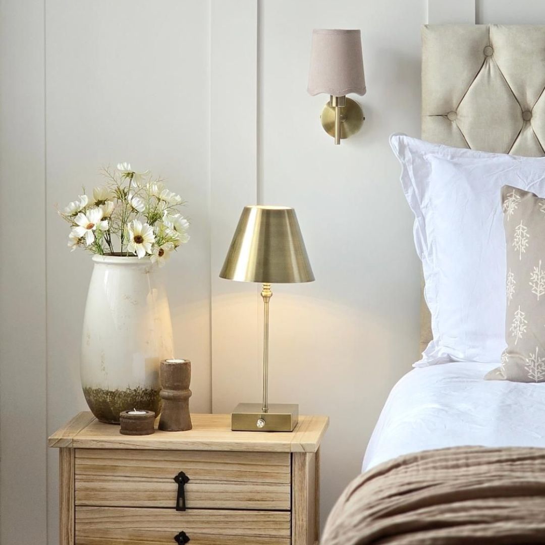 Freyza - Lustre Rechargeable Antique Brass Table Lamp | Sleek Minimalist LED Design with 3-Way Dimmer | Portable Cordless Lighting for Home & Office