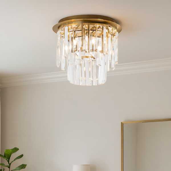 Freyza - Onega 3 Light Antique Brass & Glass Flush Ceiling Light