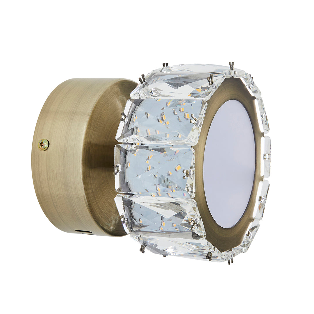 Freyza – Dilan Antique Brass & Crystal LED Wall Light | Integrated LED Flush Mount Sconce with Clear Jewel Accents