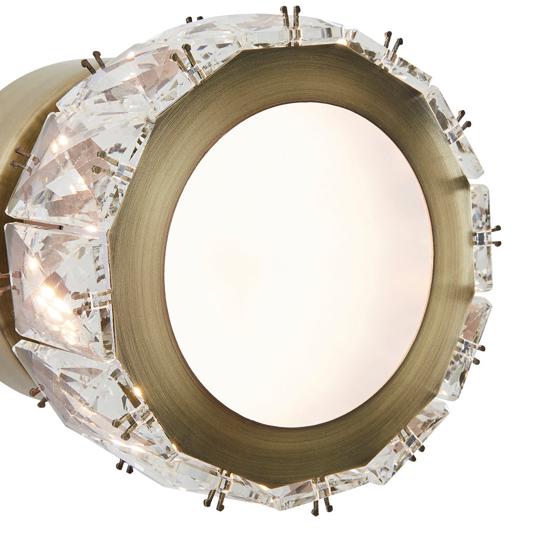 Freyza – Dilan Antique Brass & Crystal LED Wall Light | Integrated LED Flush Mount Sconce with Clear Jewel Accents