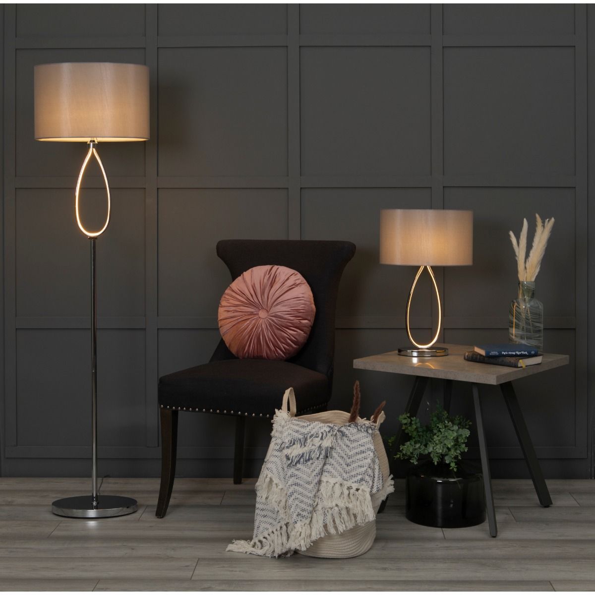 Freyza - LED Table Lamp | Polished Chrome Teardrop Base with Integrated Opal Lighting | Modern Lighting with Grey Oval Shade